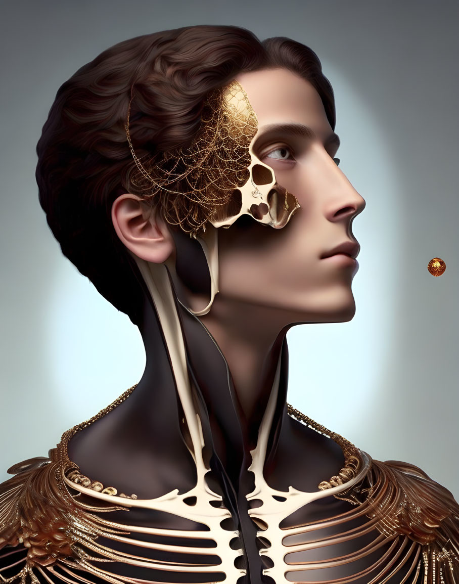 Person with Golden Skeletal Design on Face and Neck with Ornament