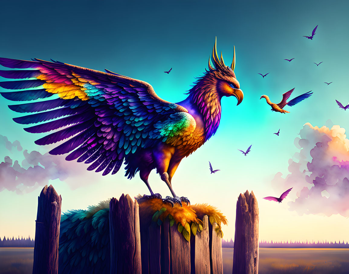 Colorful mythical bird with crest on fence at twilight with flying birds