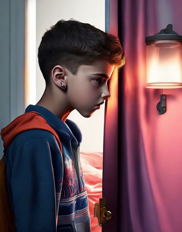 Young boy in blue hoodie and orange backpack standing in profile in warmly lit room