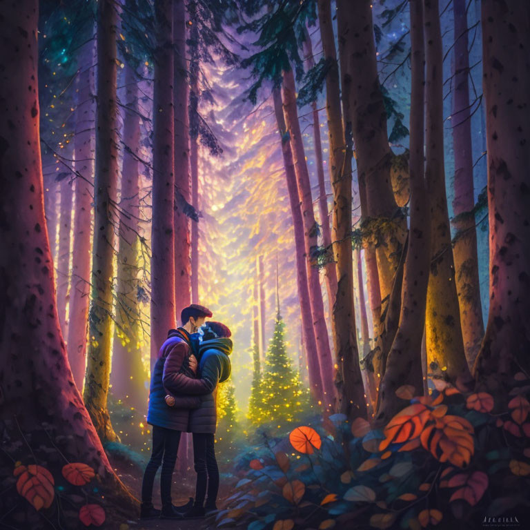 Couple Embracing in Colorful Forest at Sunrise or Sunset