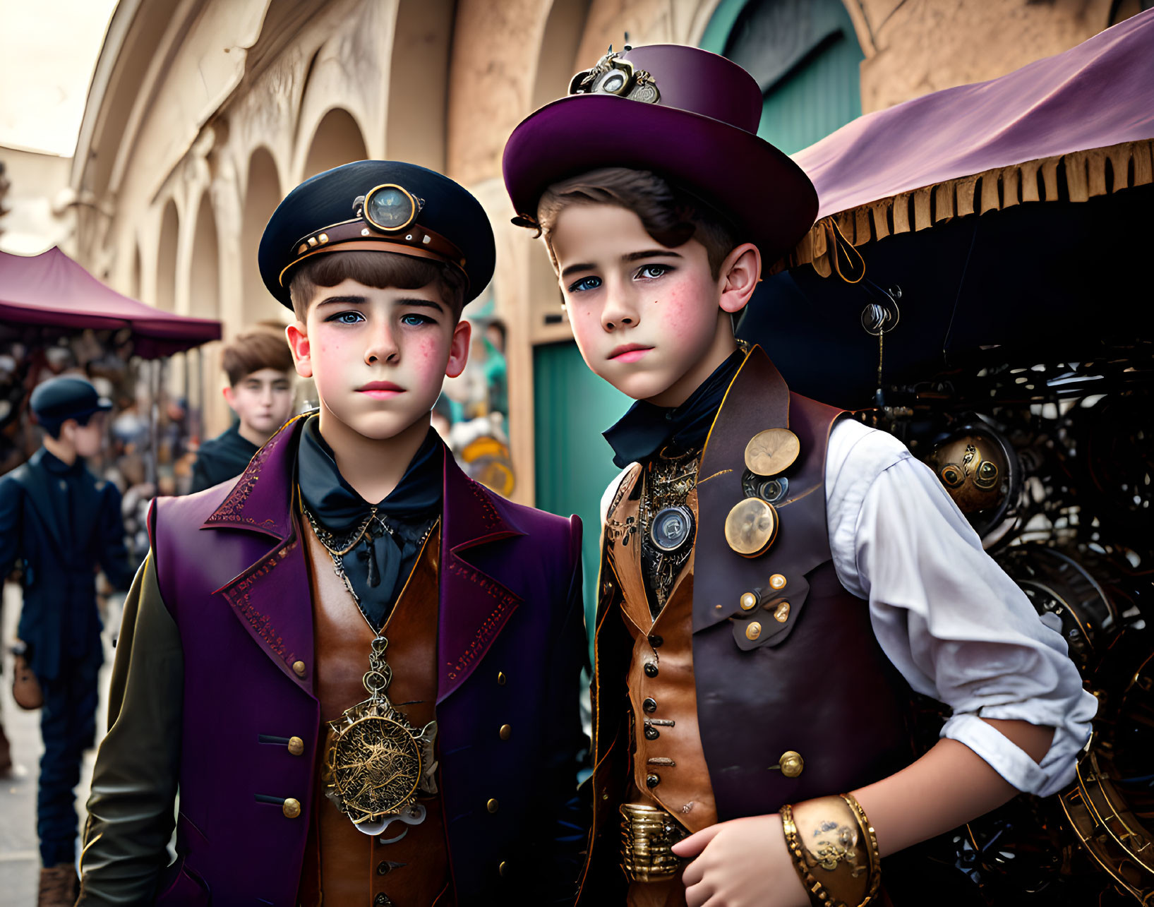 Children in steampunk attire with hats and decorative jackets in old street