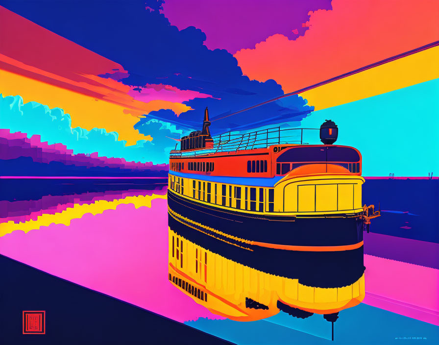 Colorful Vintage Tram Illustration Against Sunset Reflections