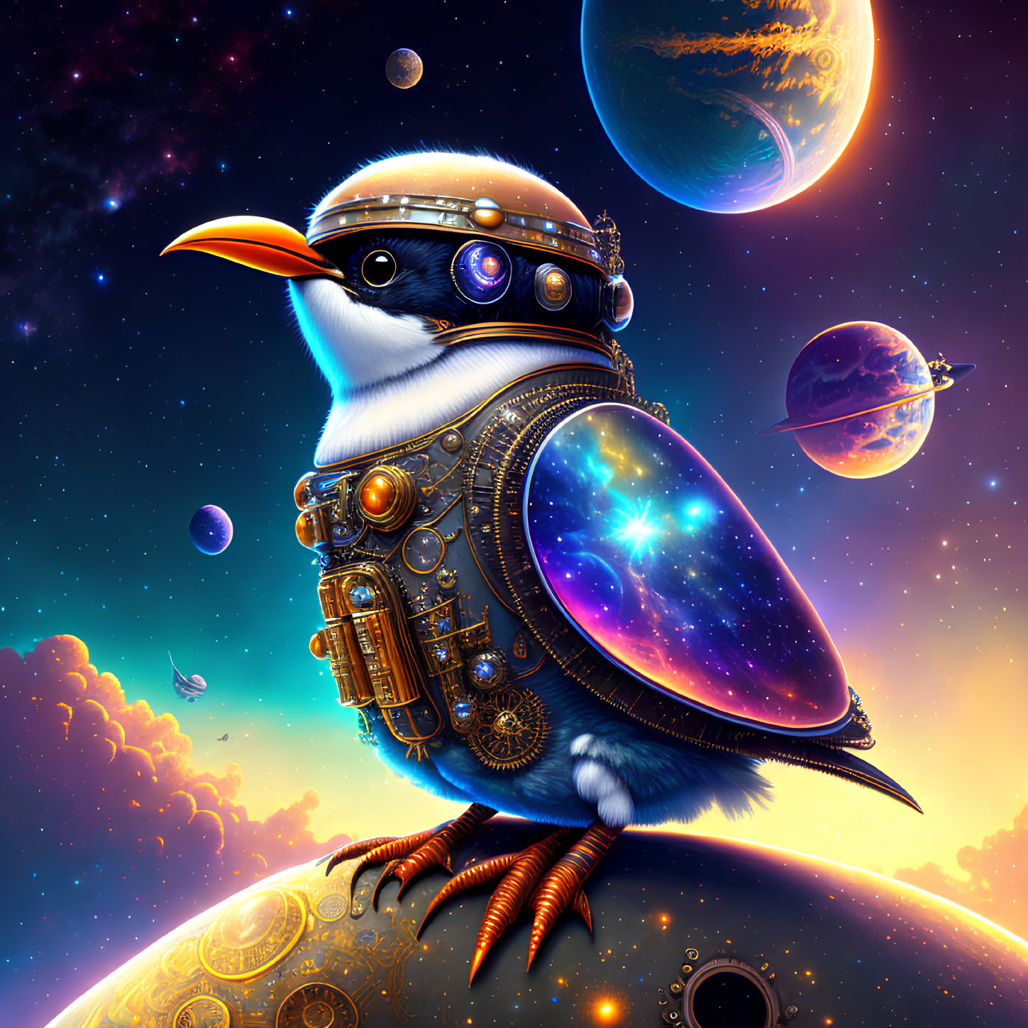 Steampunk-inspired mechanical bird in cosmic digital artwork