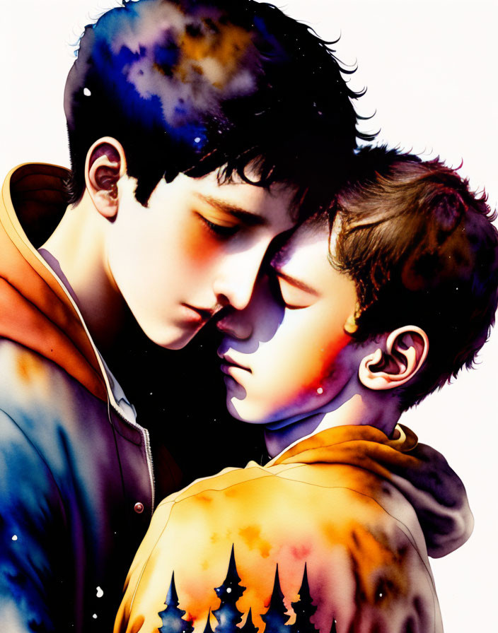 Illustrated boys with cosmic patterns touching foreheads