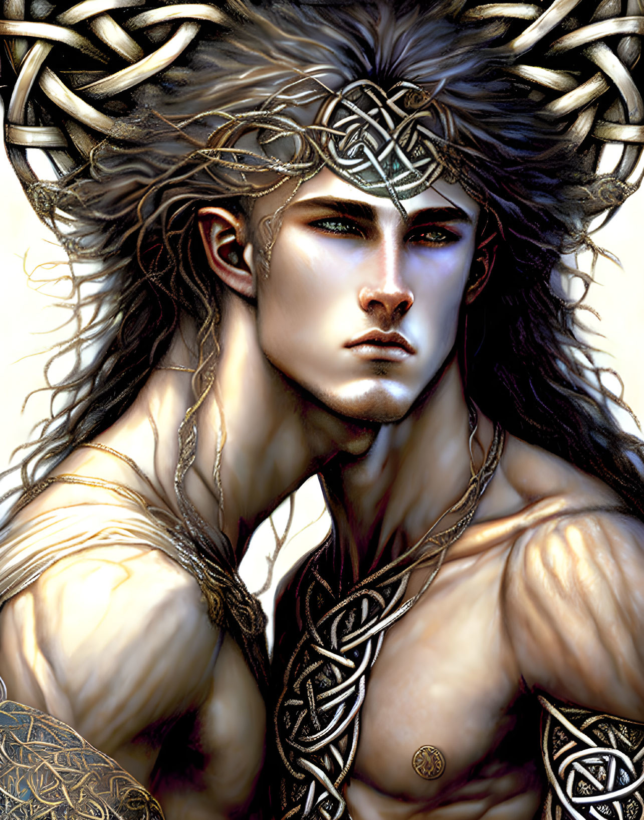 Illustrated Male Figure with Antlers and Celtic Jewelry