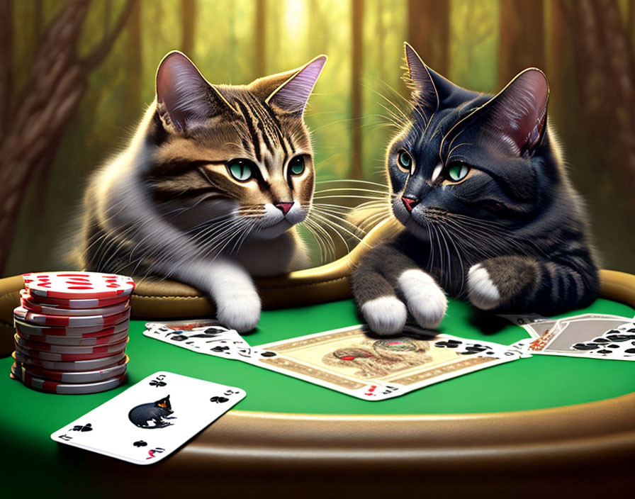 Two Cats at Poker Table with Chips and Cards