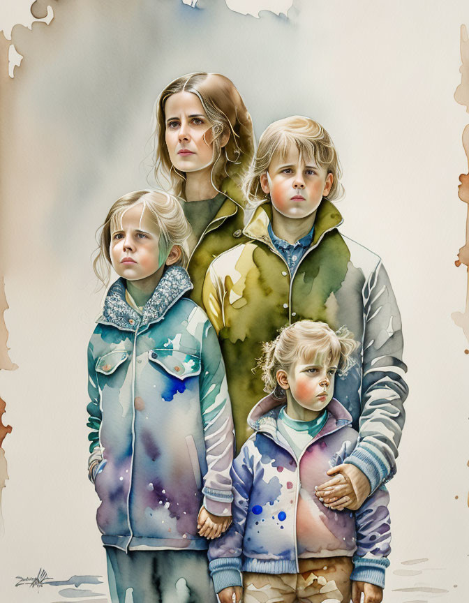 Cosmic and nature-themed watercolor painting of woman and children