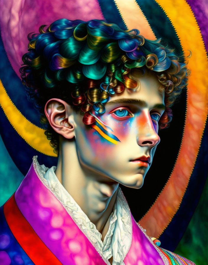 Colorful digital portrait of person with curly hair and rainbow streak