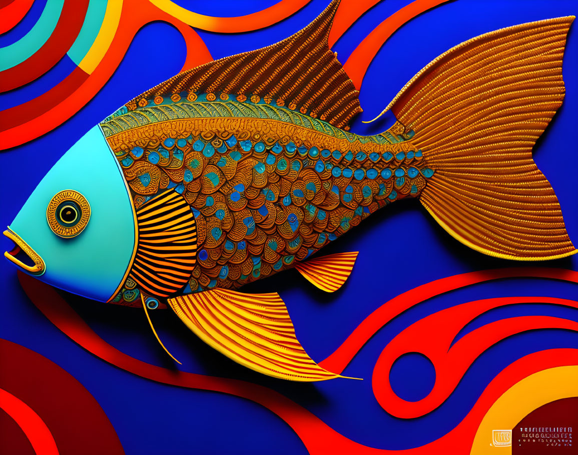 Colorful Fish Illustration with Orange and Teal Patterns on Abstract Background