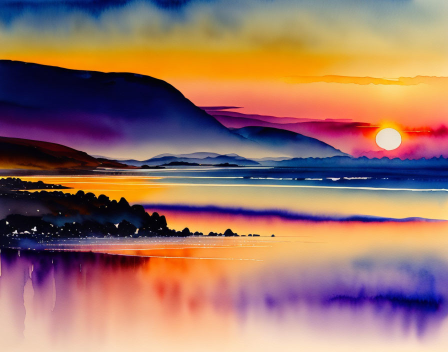 Colorful Watercolor Painting of Sunset over Lake and Mountains