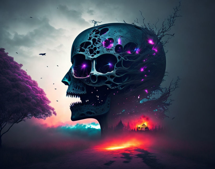 Giant skull with glowing eyes over misty, colorful landscape