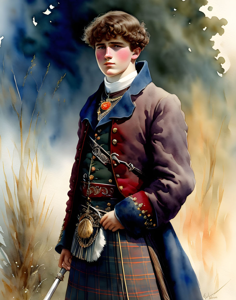 Digital painting of young person in Scottish attire with kilt, sporran, and sword in nature scene