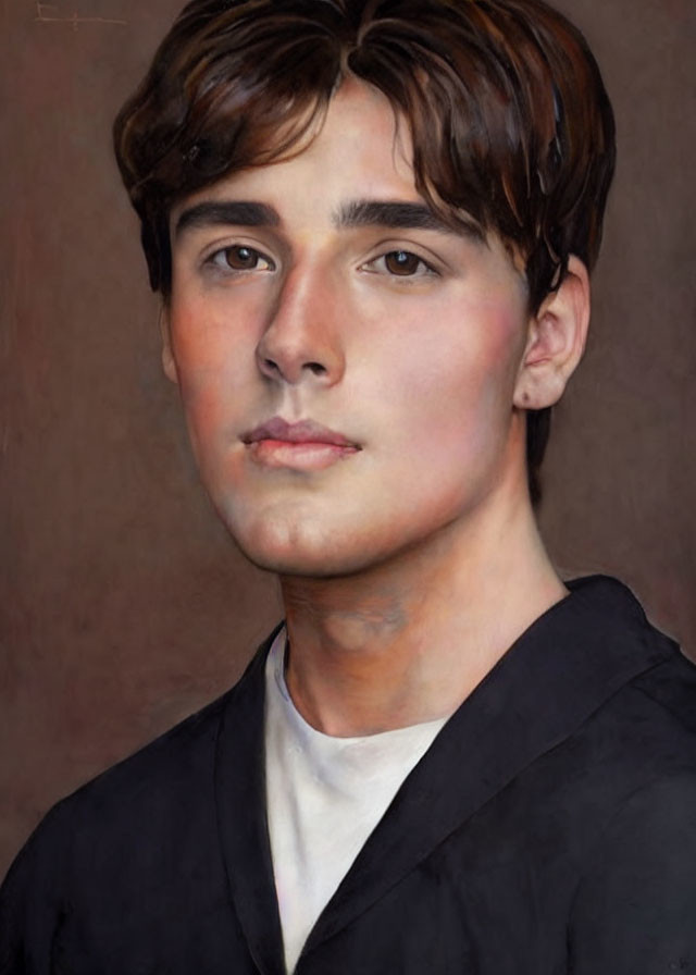 Young man portrait with brown hair and neutral expression in dark shirt