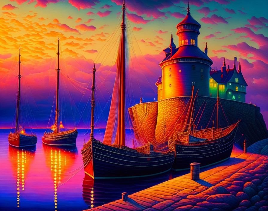 Harbor scene at dusk: sailboats, cobblestone pier, illuminated castle, colorful sky