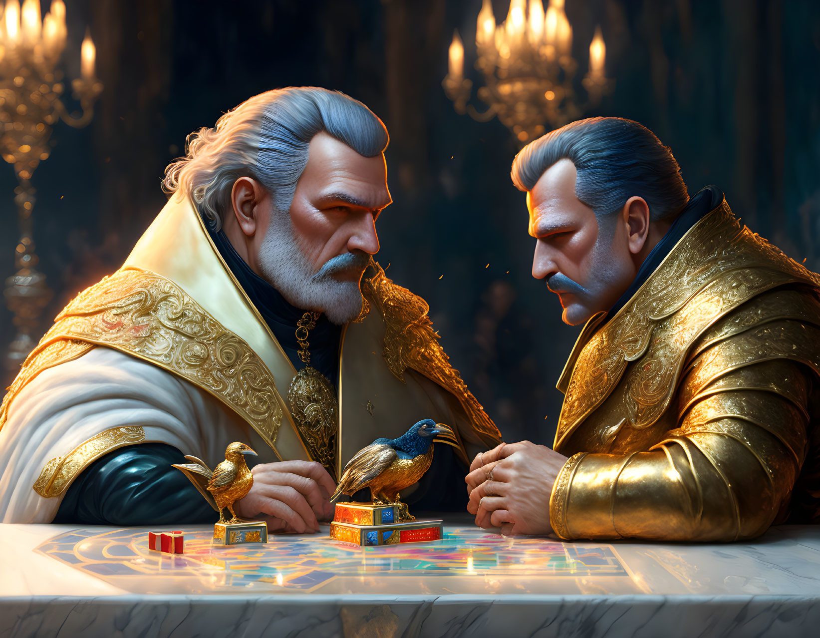 Regal individuals playing intense board game in opulent fantasy setting