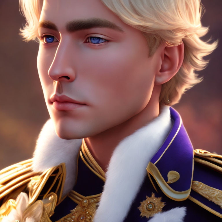 Digital art portrait of male character with blond hair, blue eyes, royal blue uniform, gold epa