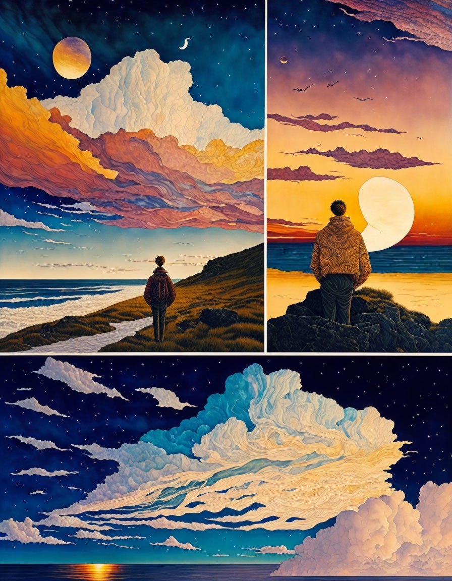 Surreal triptych landscapes with oversized celestial bodies and silhouetted figures observing vibrant skies