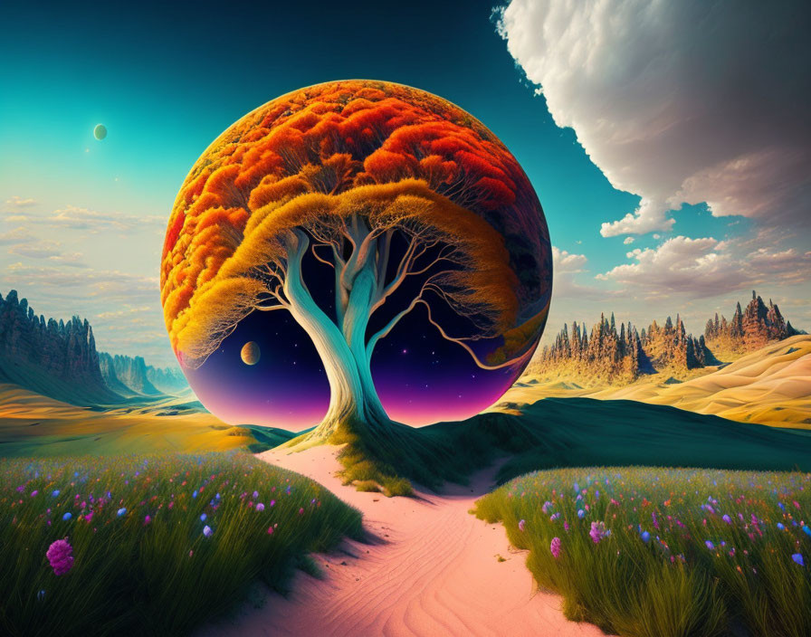 Majestic tree with fiery-orange nebula canopy in surreal landscape