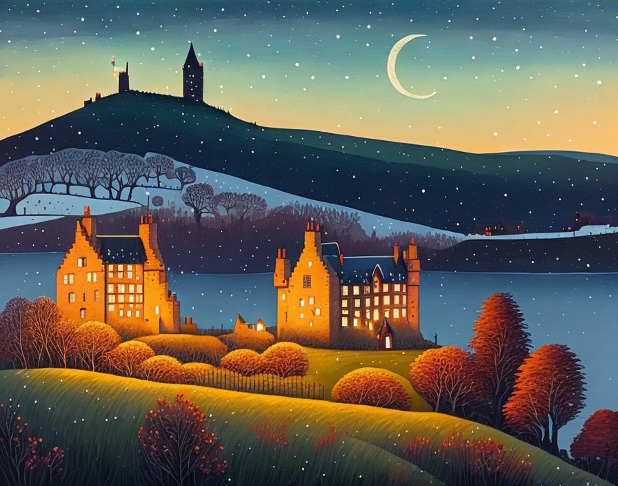 Nighttime scene with crescent moon, castles, hills, and serene sky