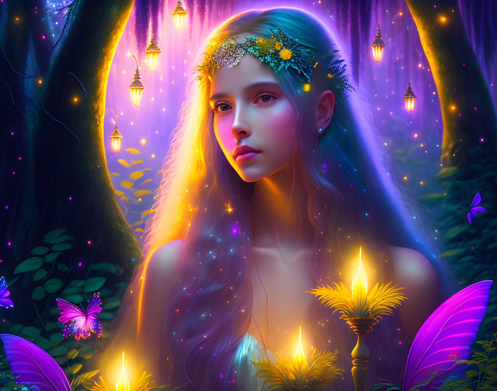 Multicolored Hair Fantasy Portrait with Floral Crown & Lanterns