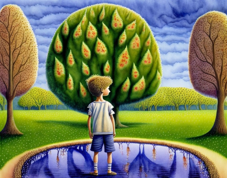 Curly-Haired Child by Reflective Pond with Vibrant Tree