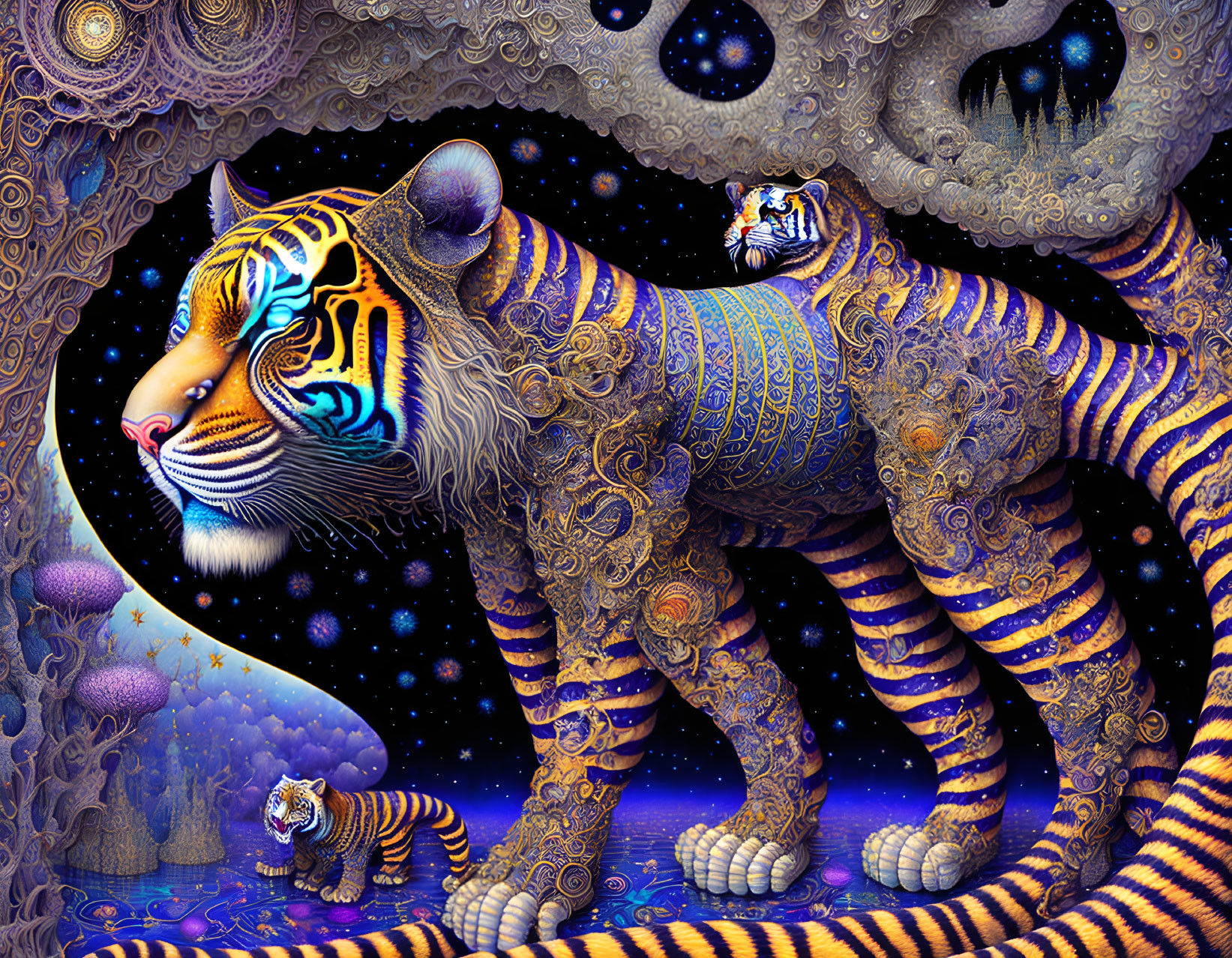 Colorful Fantasy Image: Three Tigers in Cosmic Setting