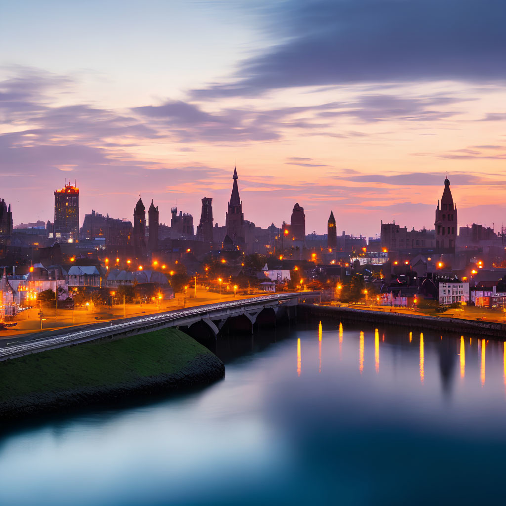 Twilight cityscape with illuminated buildings reflected in calm river