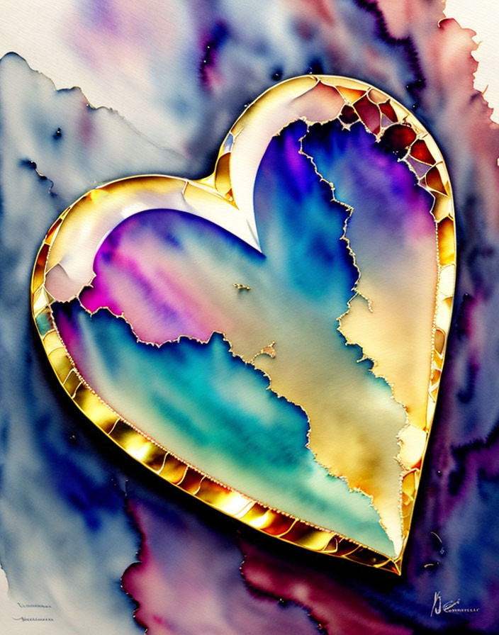 Vibrant watercolor heart painting with gold border and abstract marble effect