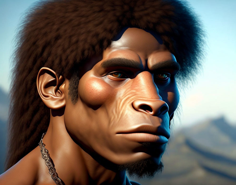 Computer-generated male figure with ape-like features in fur hat against natural background