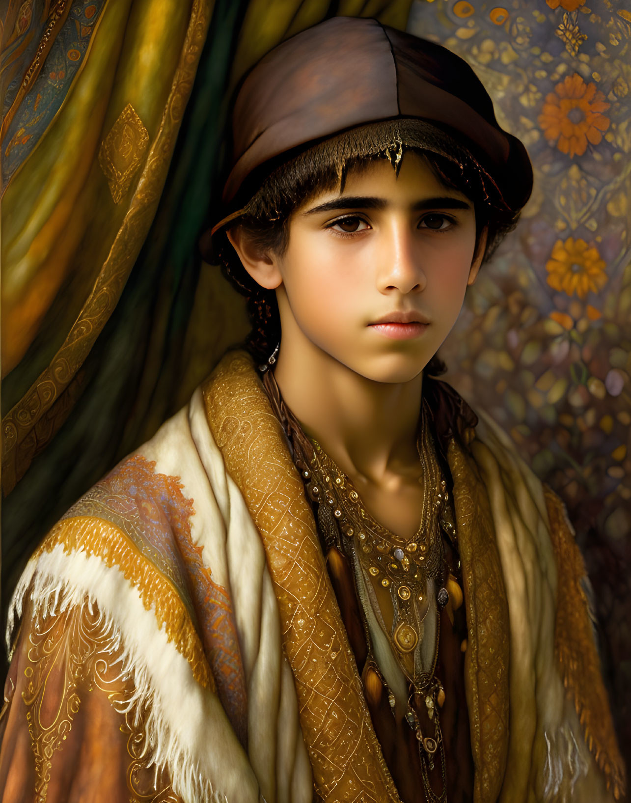 Young person in ornate traditional clothing against patterned background