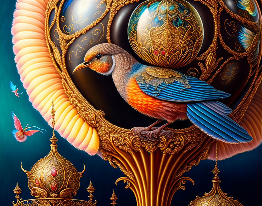 Colorful digital painting of stylized bird on golden fantasy structures