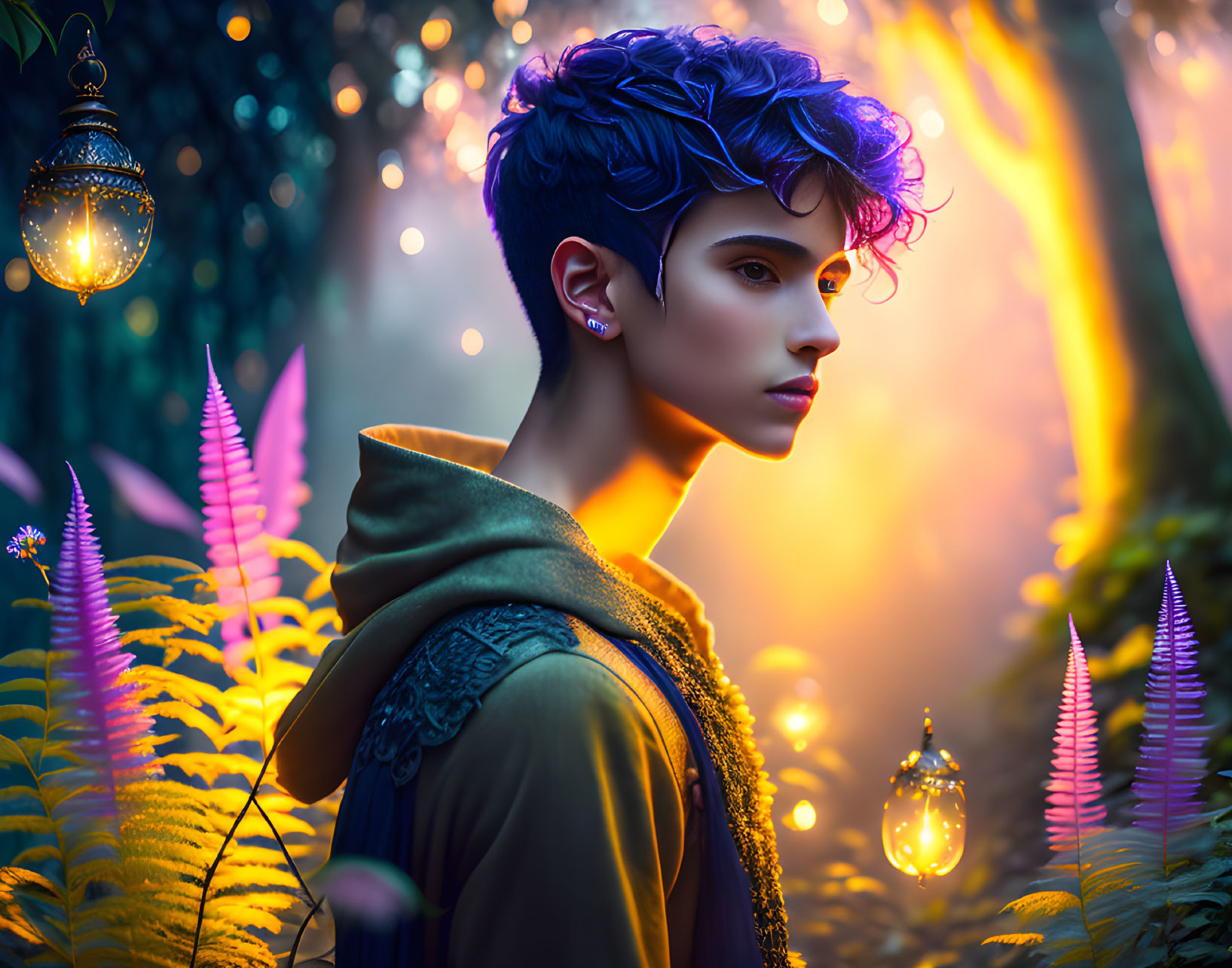 Blue-haired person with earring in green cloak in mystical forest with lanterns and glowing plants