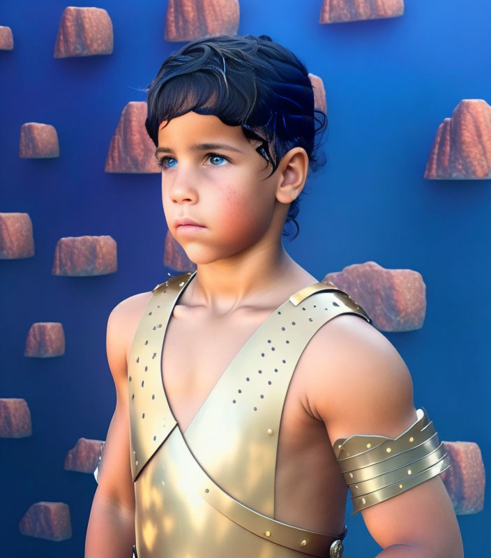 Pensive boy in golden armor on blue background with floating stones