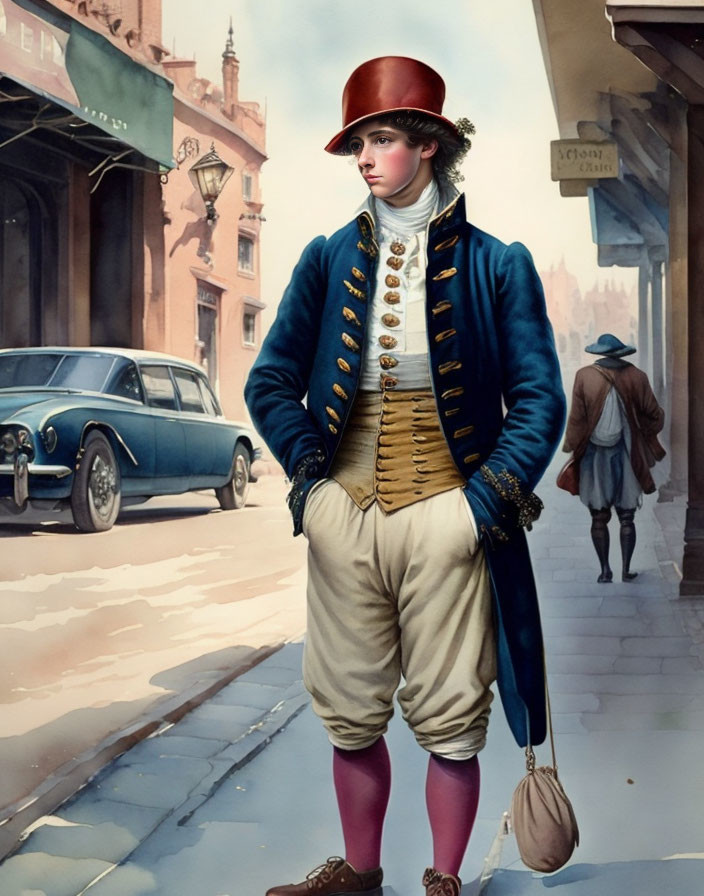 18th-Century Figure in Red Tricorn Hat on Modern City Street