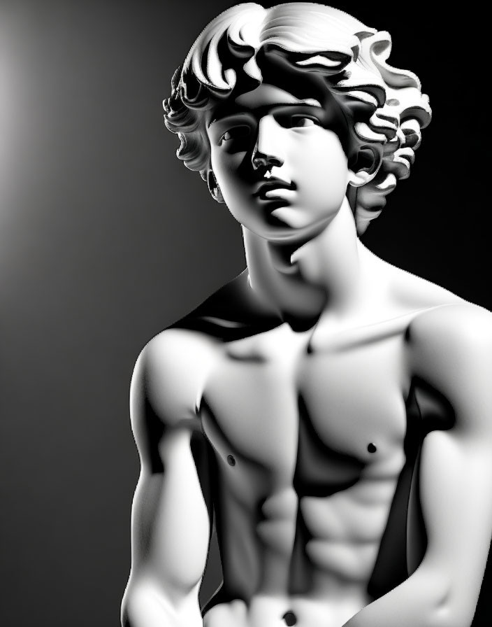 Monochrome classical sculpture bust of muscular young male