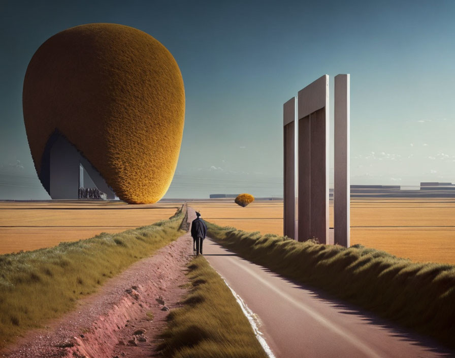 Person walking towards surreal bean-shaped structure in golden field