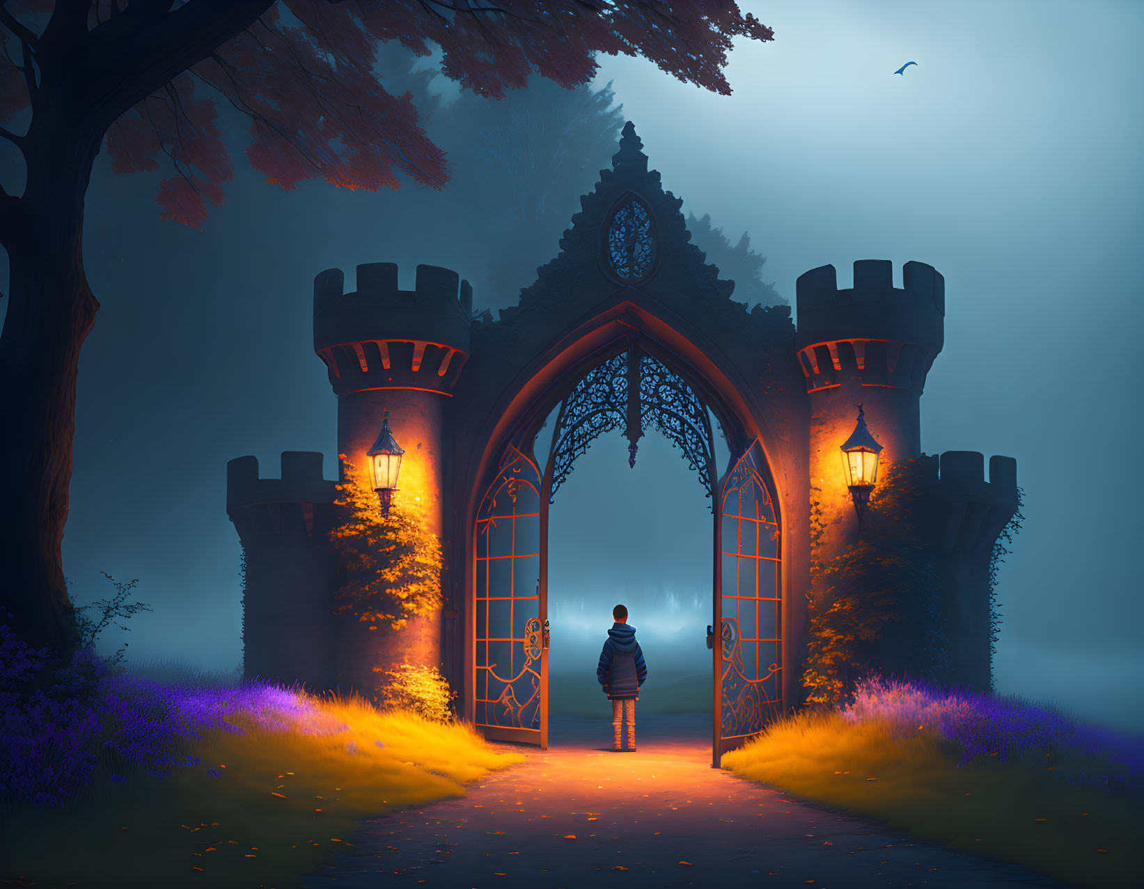 Mystical path with ornate gate and castle-like turrets