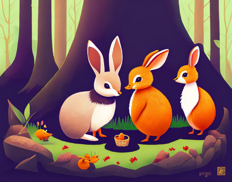 Colorful rabbits in forest with flowers, fruit basket, and caterpillar