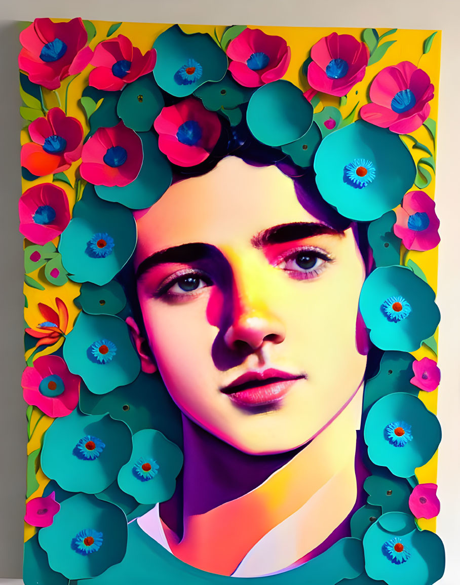 Vibrant portrait with pink, blue, and green flowers.