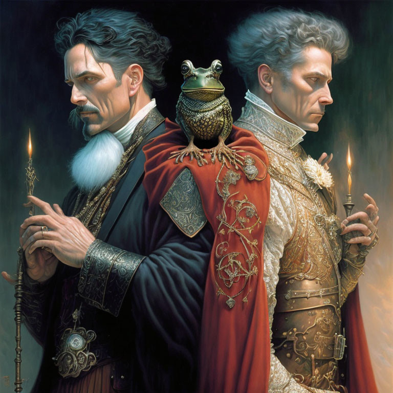 Two men in renaissance attire with candles next to a frog in dark setting