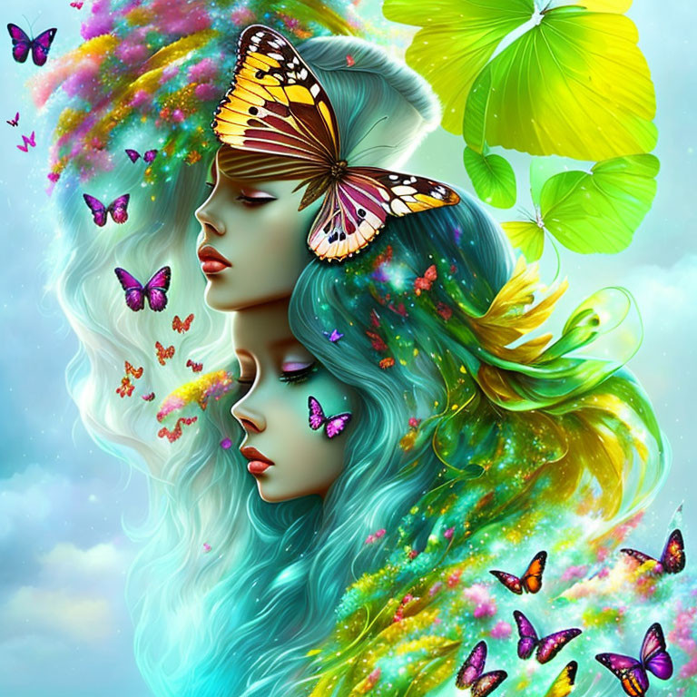 Colorful Butterfly Accents on Female Faces in Cosmic Digital Art