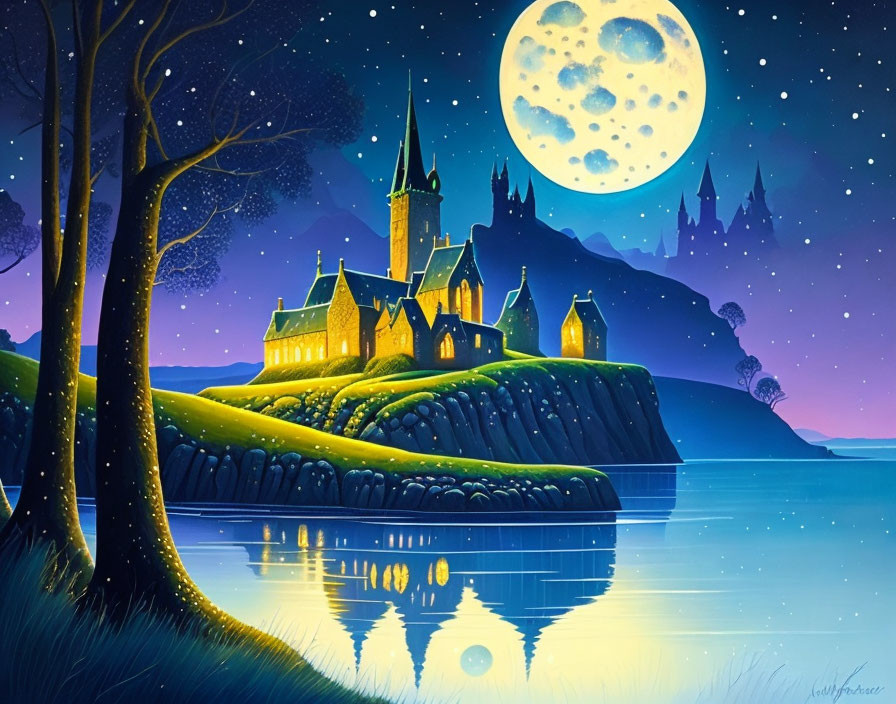 Majestic castle on cliff under starry sky with full moon, reflected in water among vibrant landscape