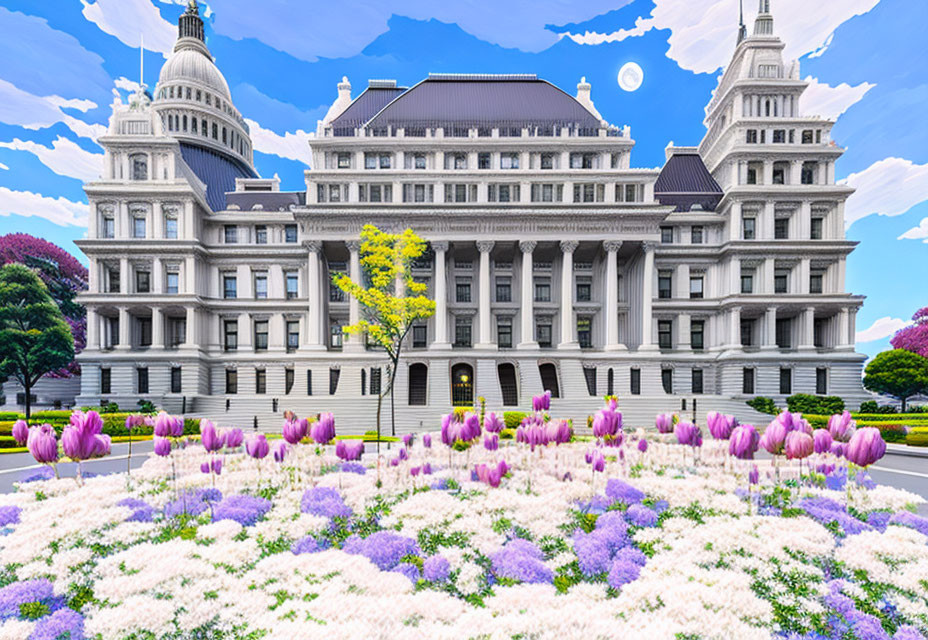 Neoclassical building in vibrant digital landscape