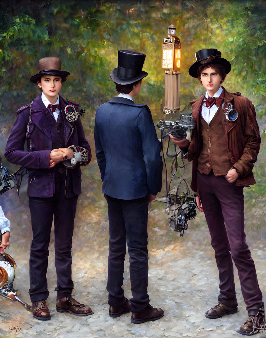 Three Victorian steampunk characters with mechanical gadgets in forest setting