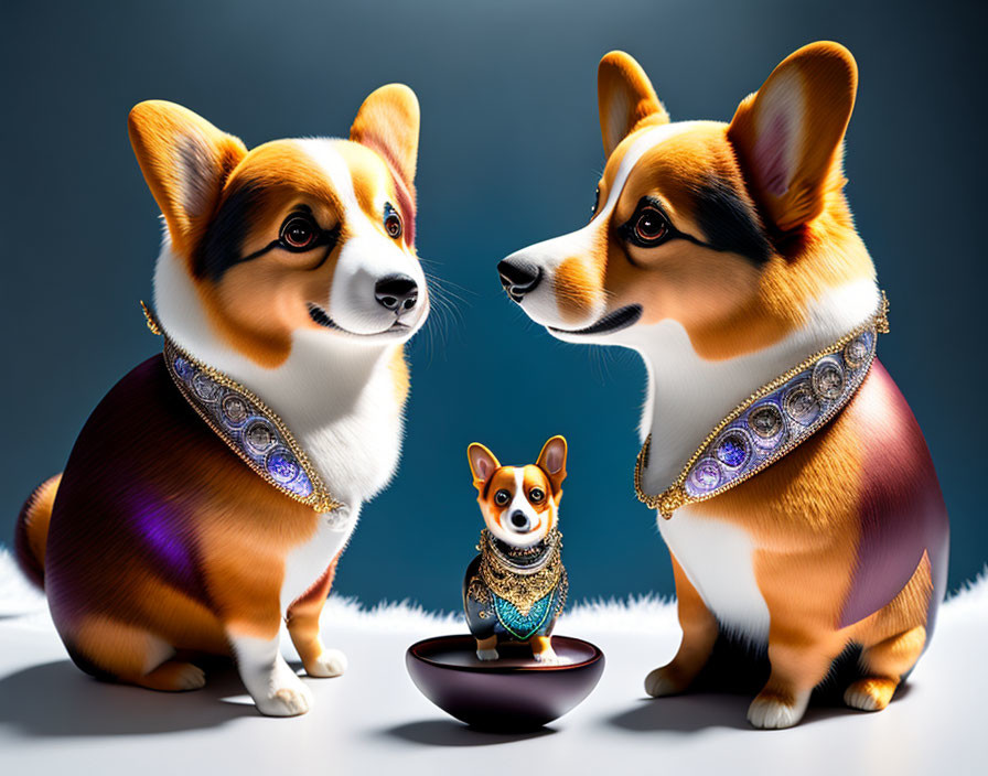 Two Adult Corgis with Luxurious Collars and Mini Version on Pedestal