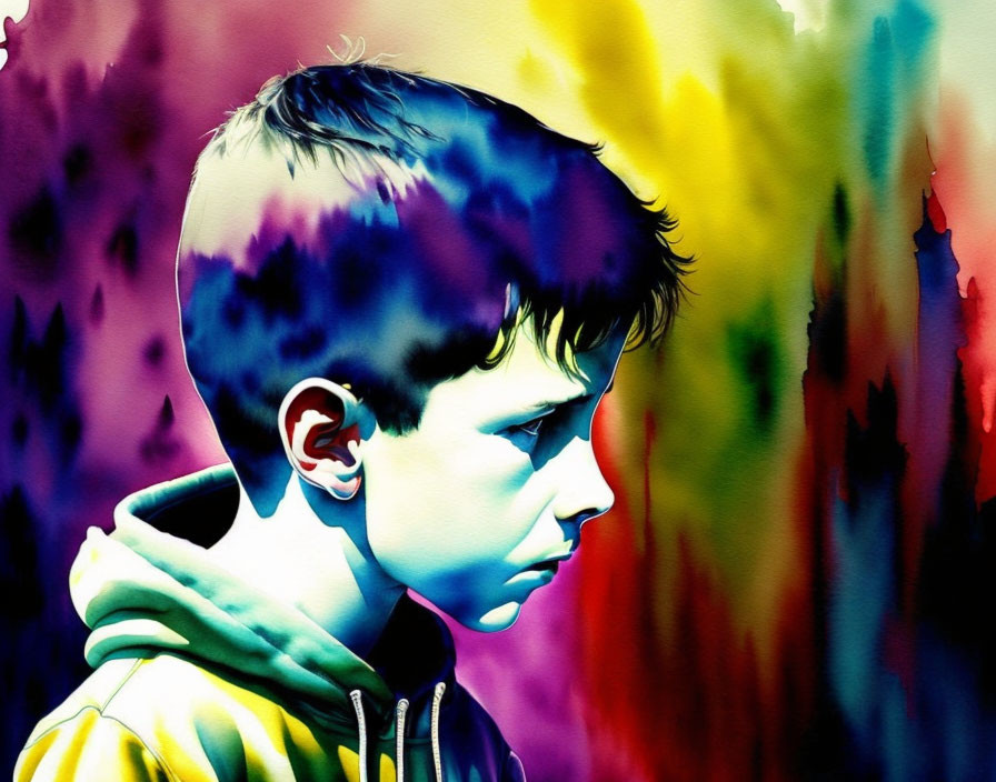 Boy's side profile on vibrant abstract background.