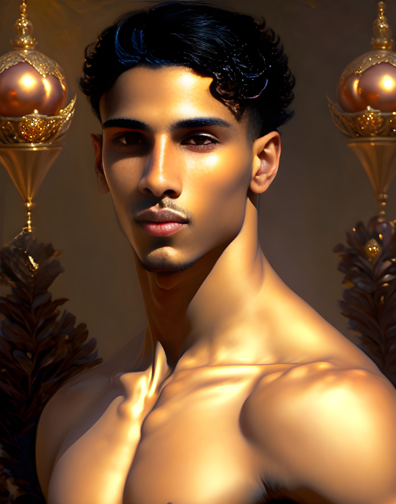 Stylized portrait of young man with slicked-back hair and bare chest under golden lighting