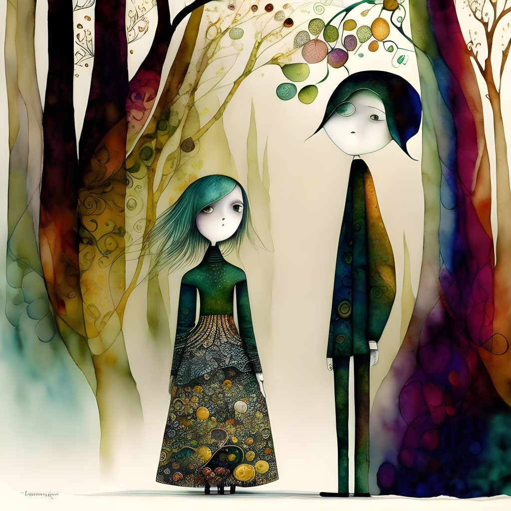 Stylized characters in colorful, whimsical forest