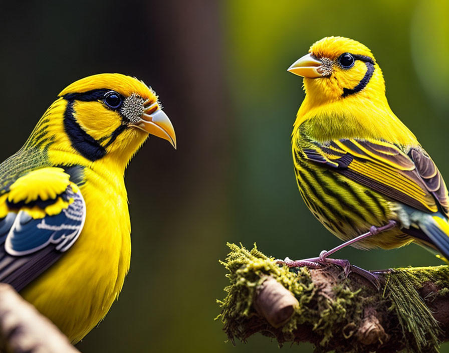 Vibrant yellow birds with black stripes perched on branch with green foliage