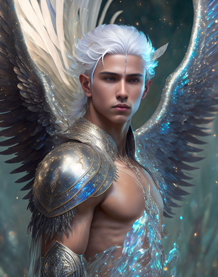 White-Haired Being in Golden Armor with Wings on Soft Glowing Background